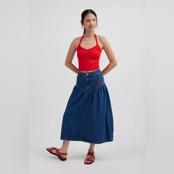 URBAN OUTFITTERS KIMCHI BLUE Clara Drop Waist Denim Midi Skirt- Size M - Picture 2 of 8